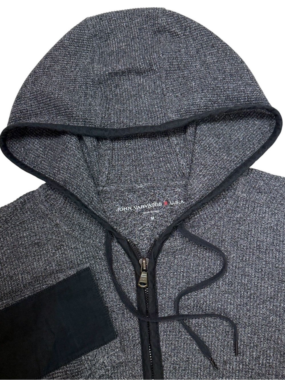 John Varvatos Hoodie Mens Medium Grey Waffle Knit Thermal Full Zip Elbow Patches